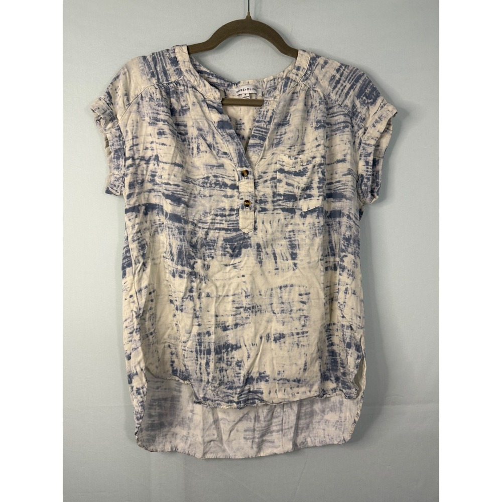 Rose + Olive Tie Dye Blouse Womens Medium Blue White Rayon Button V-Neck Top